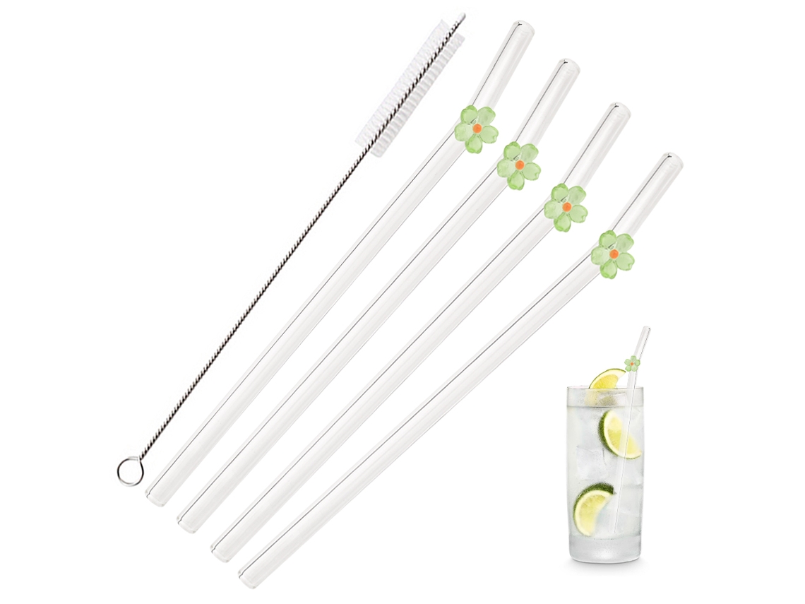 5 pajitas de vidrio de 8 mm reutilizables con flor decorativa, resistentes al calor, ideales para cócteles, fiestas, bodas, bares y playas.