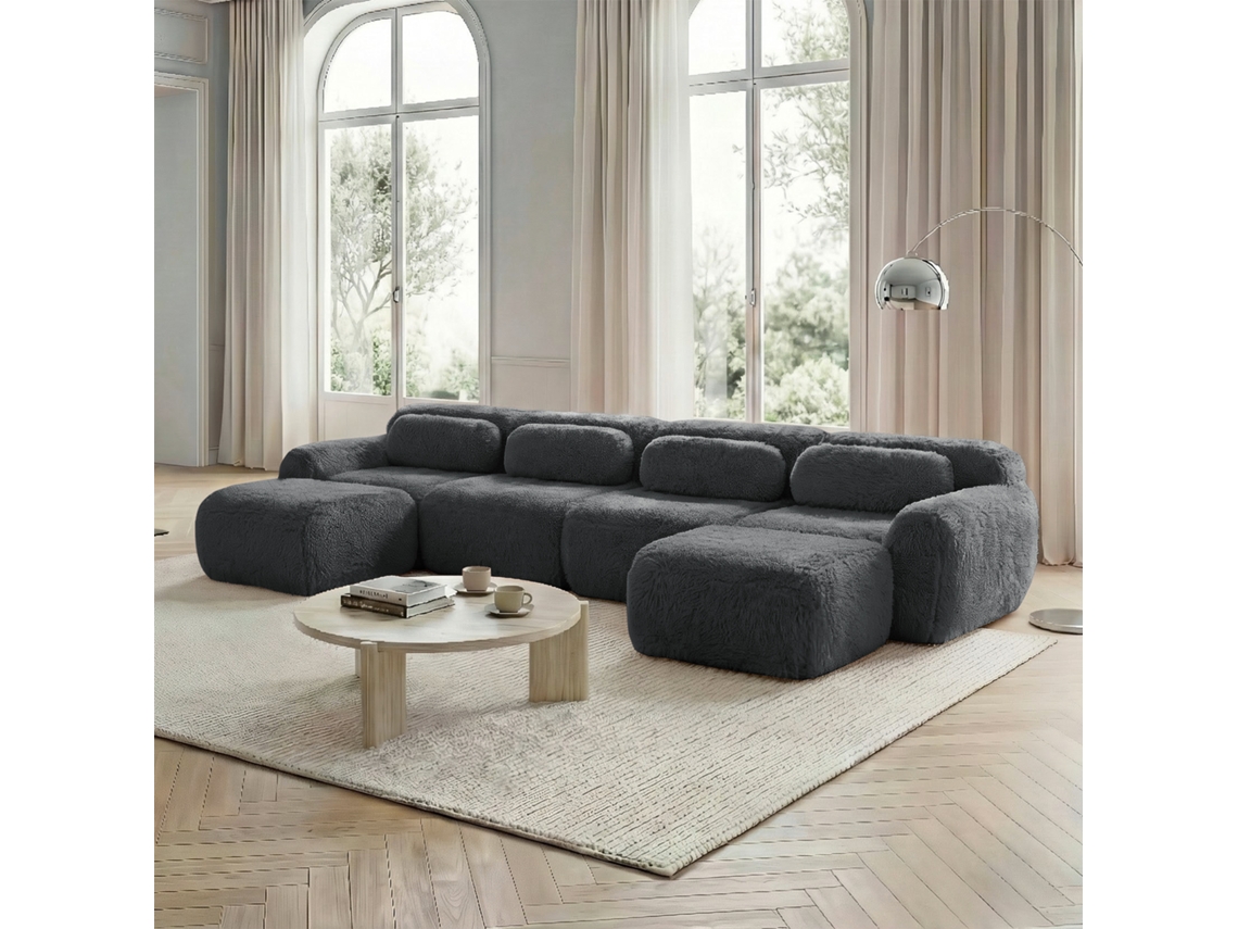 Sofá Modular U 4 Plazas - Sin Montaje, Combinable, Felpa, Soporte Ergonómico - Gris