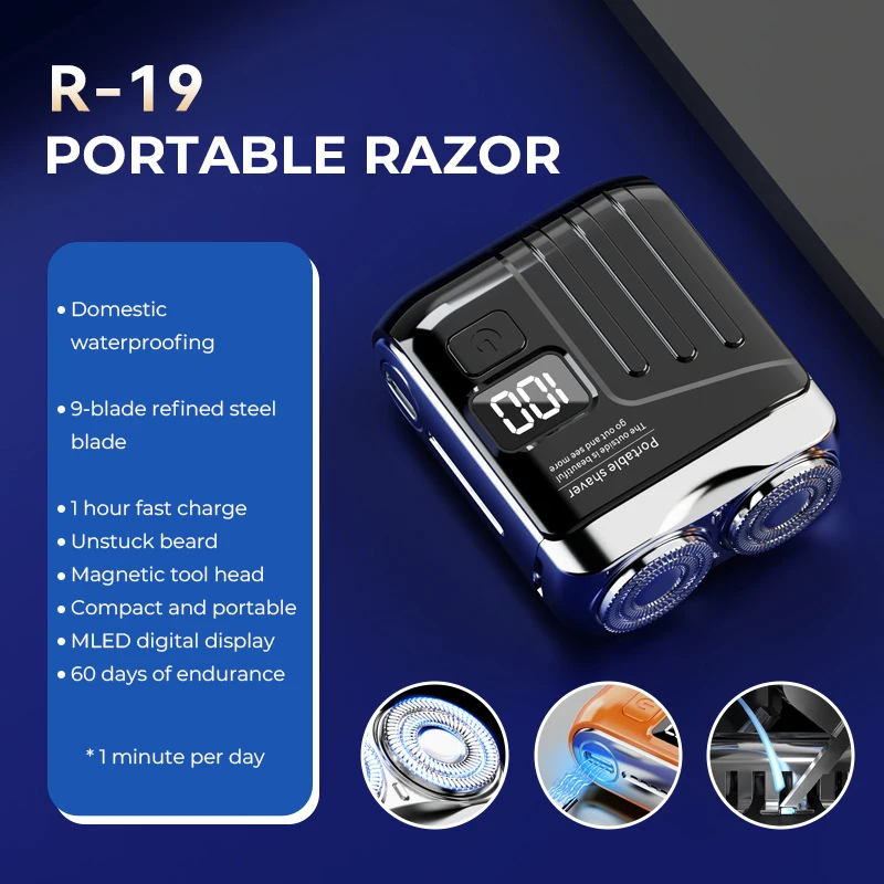 Afeitadora eléctrica inteligente, pantalla digital, cabezal de doble cuchilla mini, afeitadora de viaje, recargable MDUG (r19 Negro)