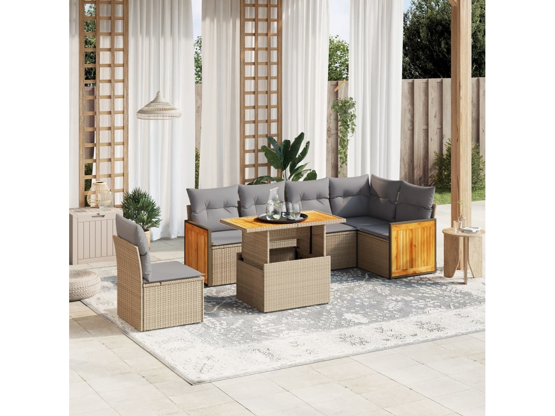 Conjunto de sofá de jardín de 7 piezas con cojines, mimbre sintético beige, Dkd Home Decor