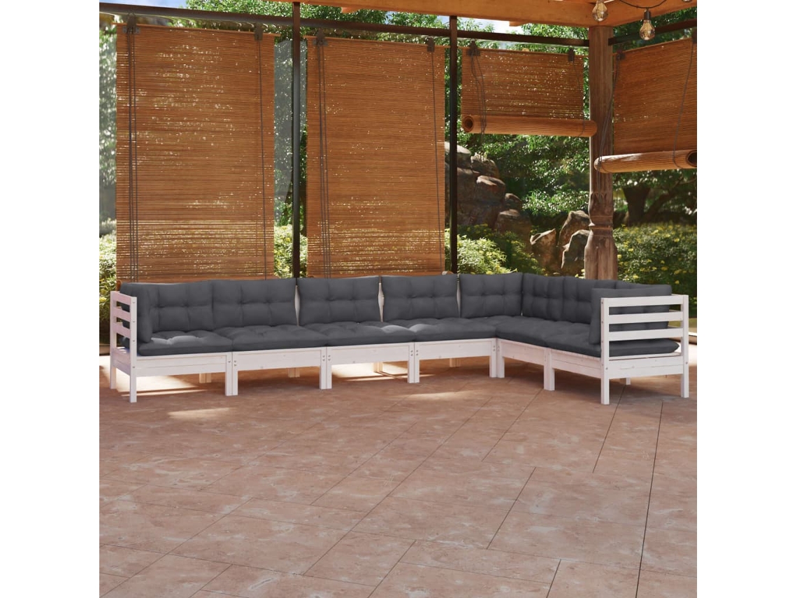 Conjunto de jardín DKD Home Decor de 7 piezas con cojines de pino macizo blanco