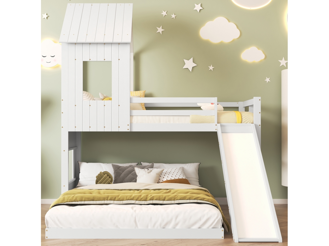 Litera 90x200cm140x200cm, Con Tobogán, Cama Casita, Cama Infantil, Con Reja Anticaídas, Con Ventana Y Techo, Color Blanco,