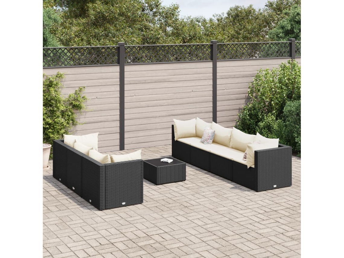Conjunto de jardín de 8 piezas con cojines, mimbre sintético negro, DKD Home Decor