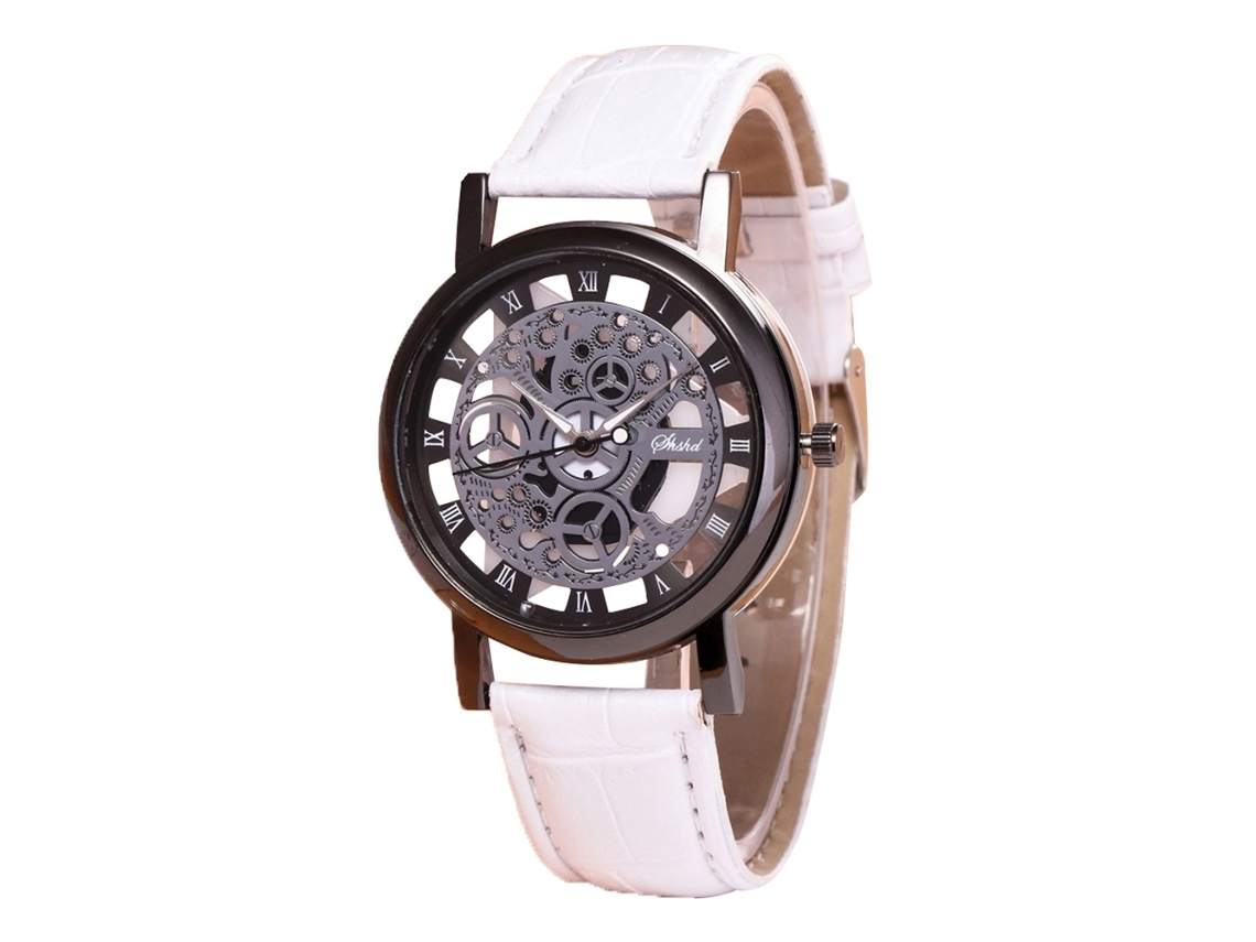 Reloj Electrónico De Cuero Pu Con Movimiento Hueco Para Hombre Y Mujer Color Titanio Blanco