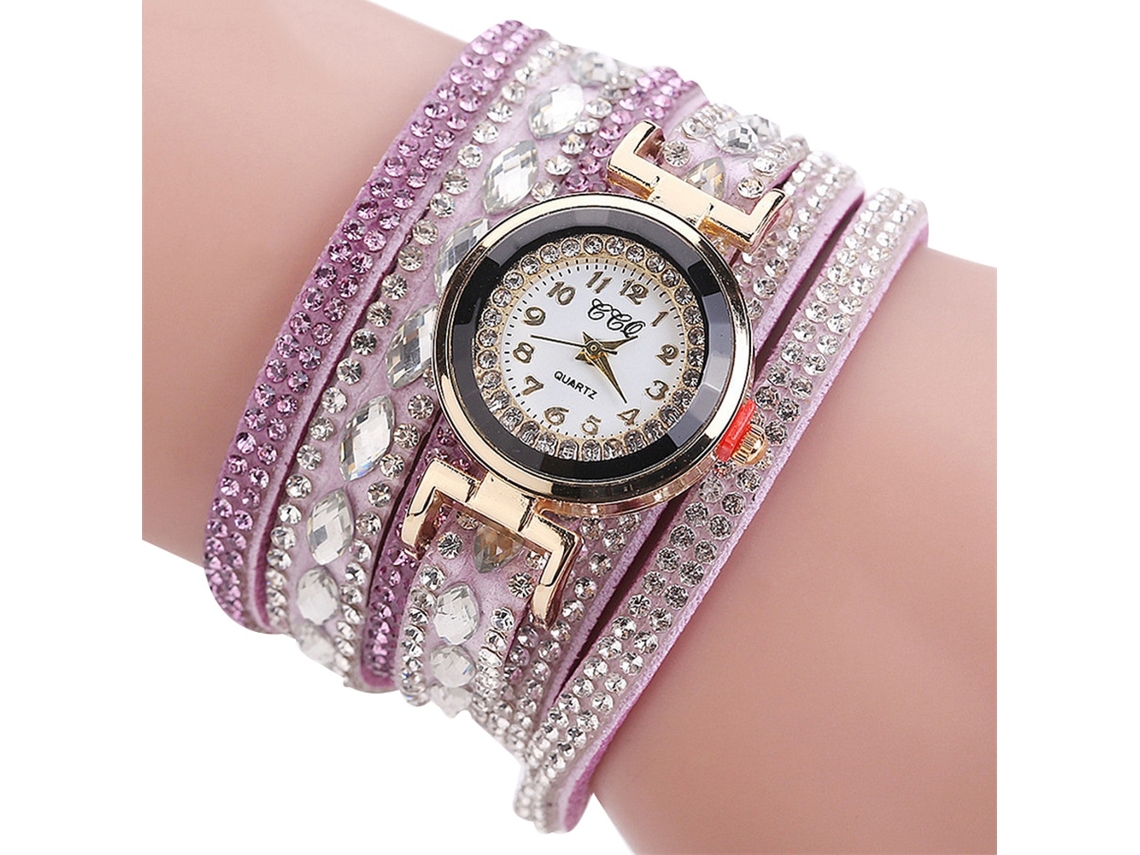 Reloj Analógico De Cuarzo Para Mujer Con Correa De Poliuretano Y Piedras Circonio Rosas.