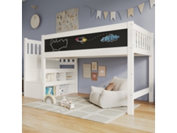 Litera Mezzanine Infantil 90x200 Cm Con Pizarra Blanca, Escalera De Almacenaje, Barrera De Seguridad Y Base, Blanca