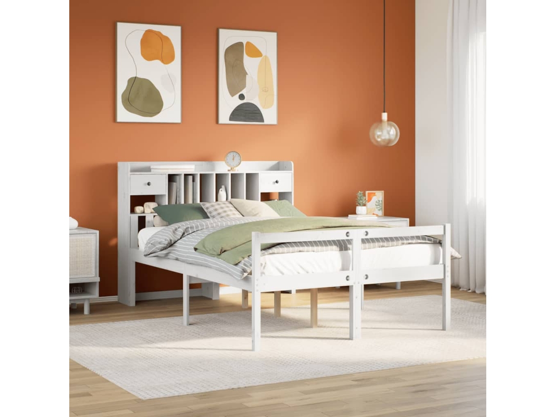 Cama Con Estantería Sin Colchón Madera Maciza Blanca 150x200 Cm