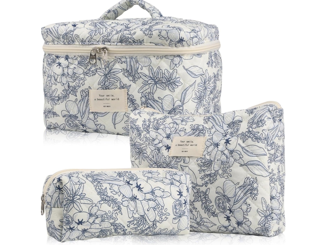 Kit de maquillaje grande de algodón (3 piezas) - Estampado floral, gran capacidad (5)