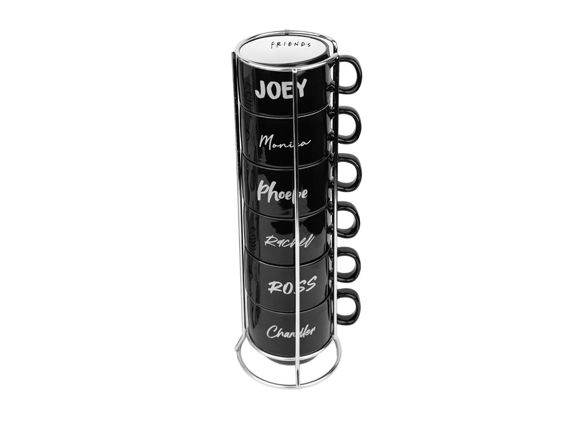 Juego de 6 tazas de cerámica Friends de 150 ml aptas para microondas con soporte de metal negro