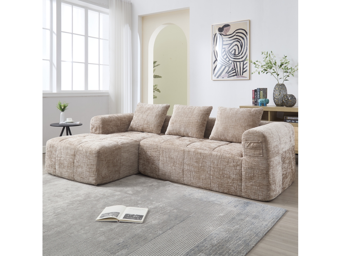 Sofá esquinero Mobrio de 3 plazas, chaise longue, reposabrazos, 3 cojines, bolsillos laterales, color caqui