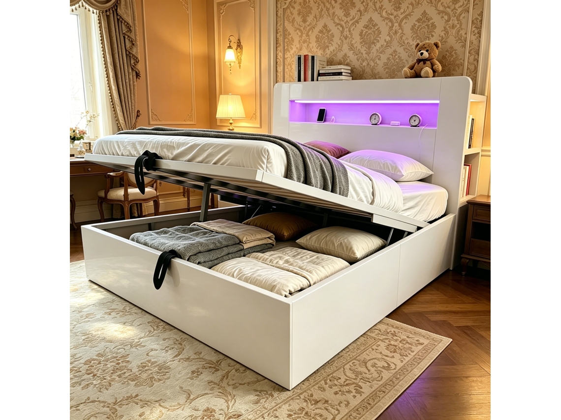 Cama Plataforma 140x200 - Con Almacenamiento, Sistema Hidráulico, Cabecero Led E Integración De Enchufes - Blanco
