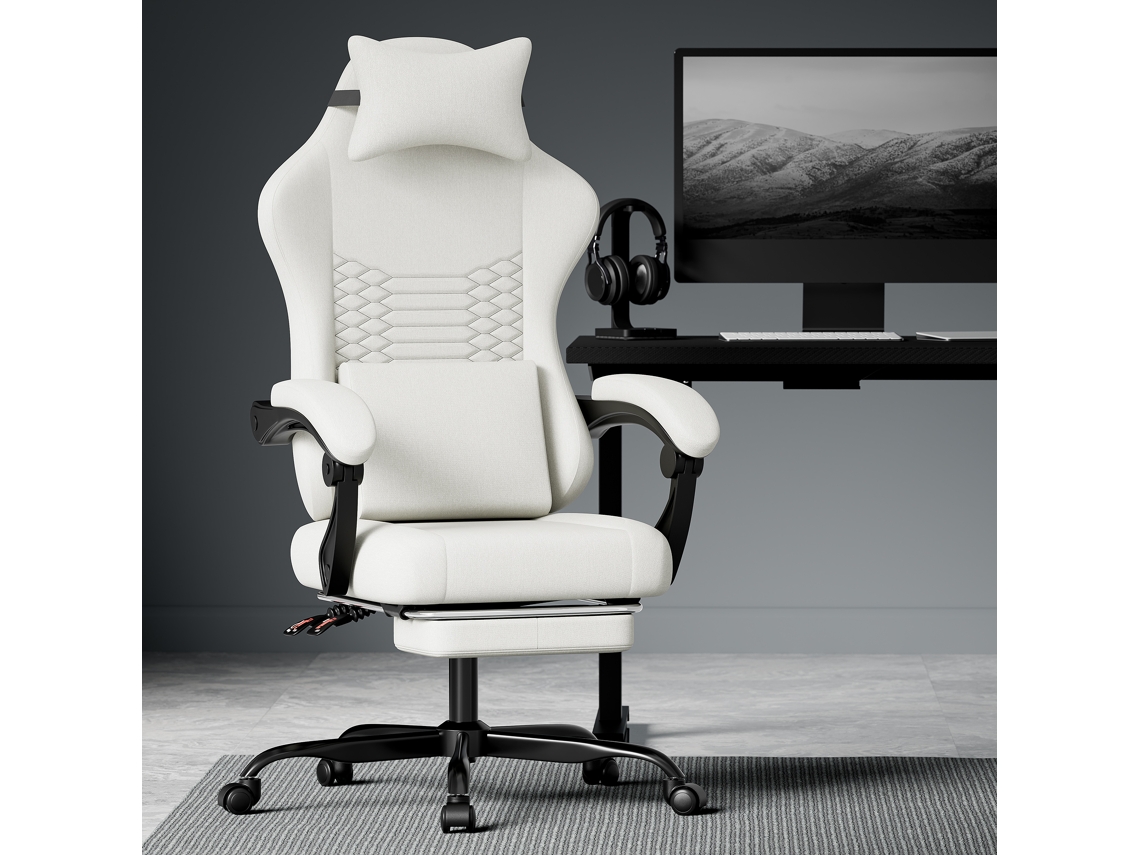 Silla Gaming Con Función De Masaje De Tela, Reposacabezas Y Reposapiés, Color Blanco.