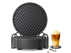 Juego de 6 posavasos de silicona con soporte, protector de mesa, lavable (negro). TRUYUETY