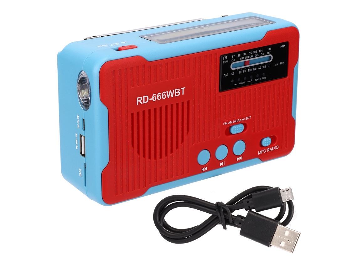 Rádio Portátil Solar Com Manivela De Emergência Am/fm, Lanterna Led E Carregamento De Emergência Vermelho