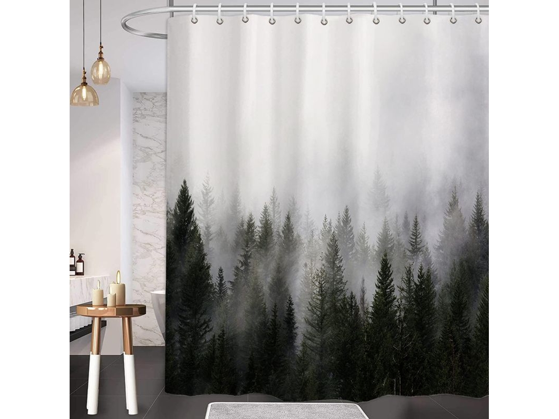 Cortina de ducha con diseño de árboles mágicos de invierno 2026 con efecto de niebla fantástica, poliéster impermeable, 1,8 x 1,8 m.