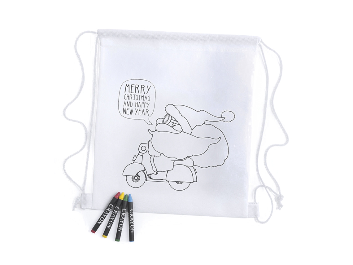 Mochila navideña infantil Kertran con diseño de Papá Noel, para colorear con crayones. Incluye 4 crayones.