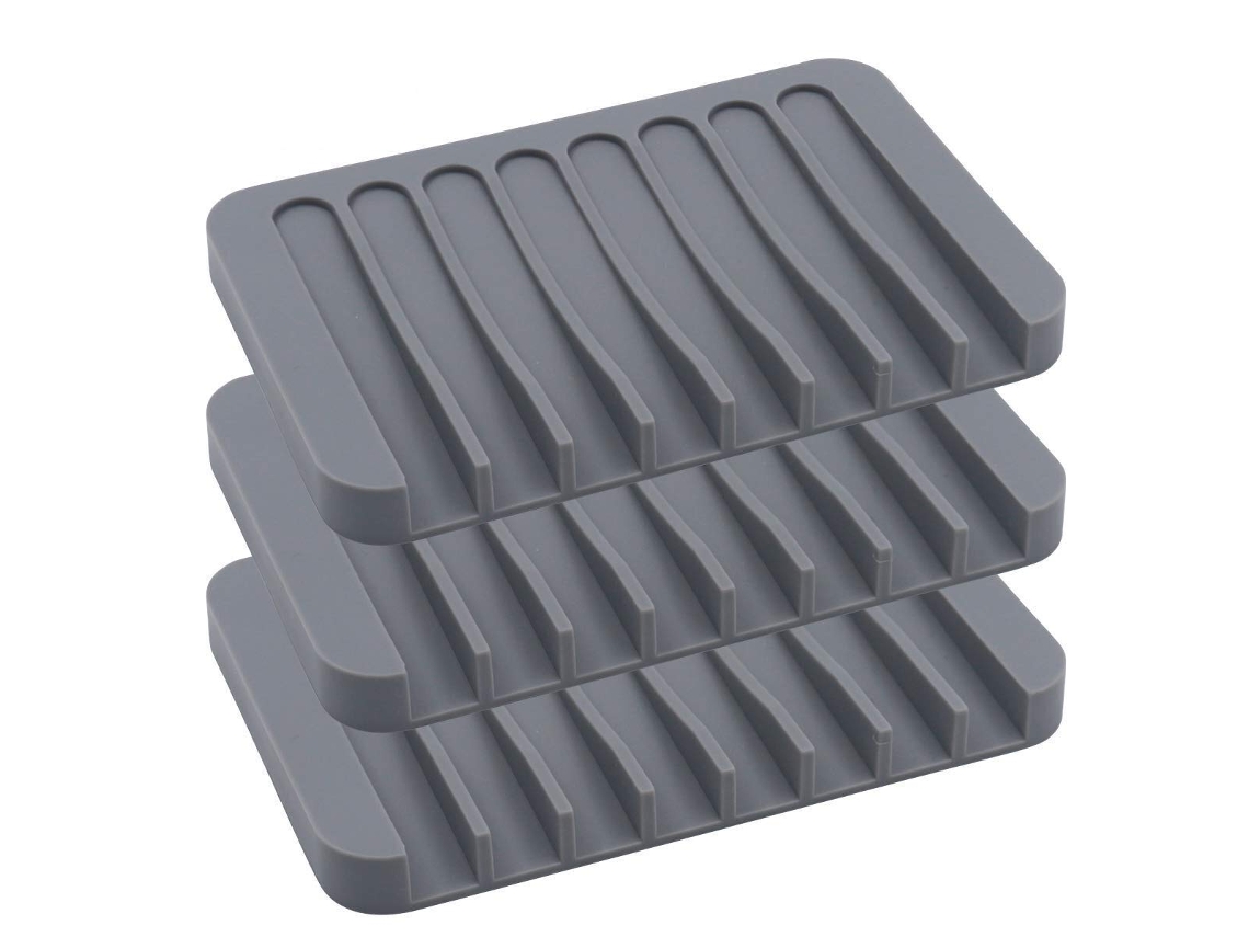 Set De 3 Portajabones De Silicona Con Diseño De Drenaje Automático Gris Para Baño Y Ducha
