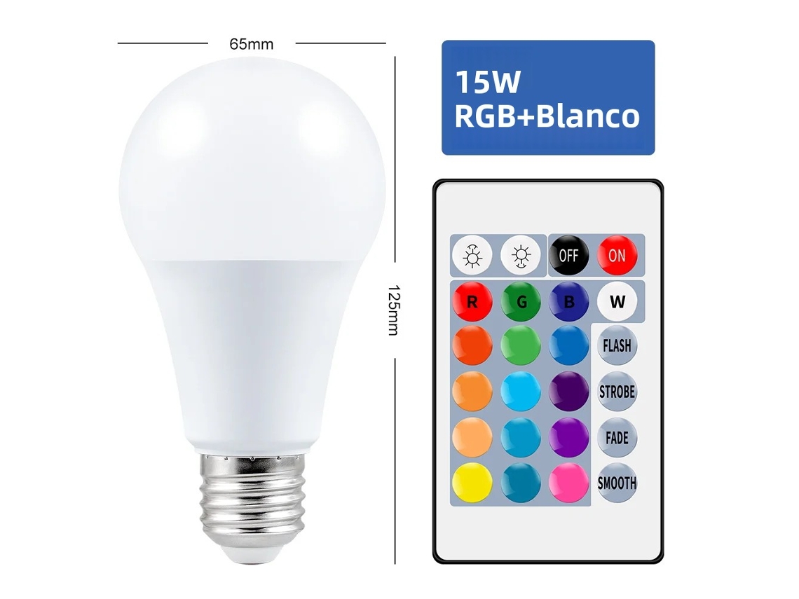 Bombilla Led Rgb Inteligente (15 W), Cambio De Color Con Control Remoto, Casquillo E27, Ca 85-265 V