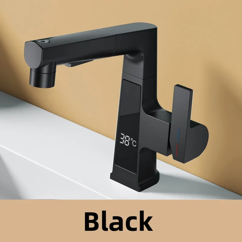 Grifo de baño (negro) con LED, pantalla digital para agua fría y caliente, sistema de elevación extensible.