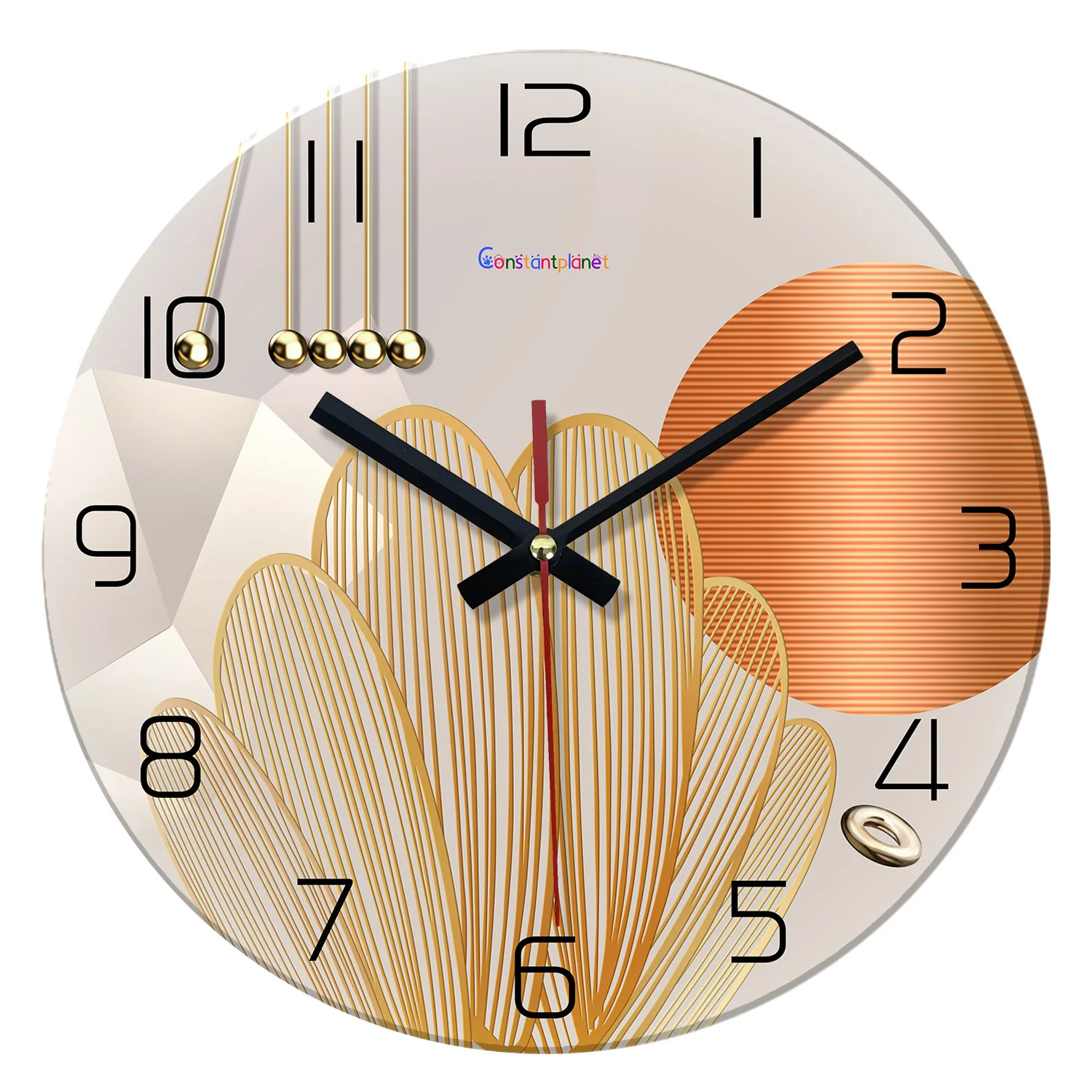 Relógio De Parede De Luxo (35,5 Cm) Com Padrão Geométrico E Vidro Temperado, Relógio De Quartzo Silencioso