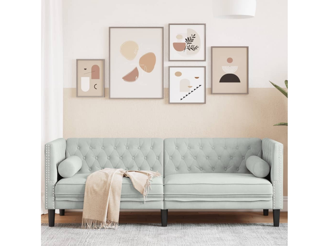 Sofá Chesterfield con almohadones HARLANV1, terciopelo gris claro, 3 plazas.