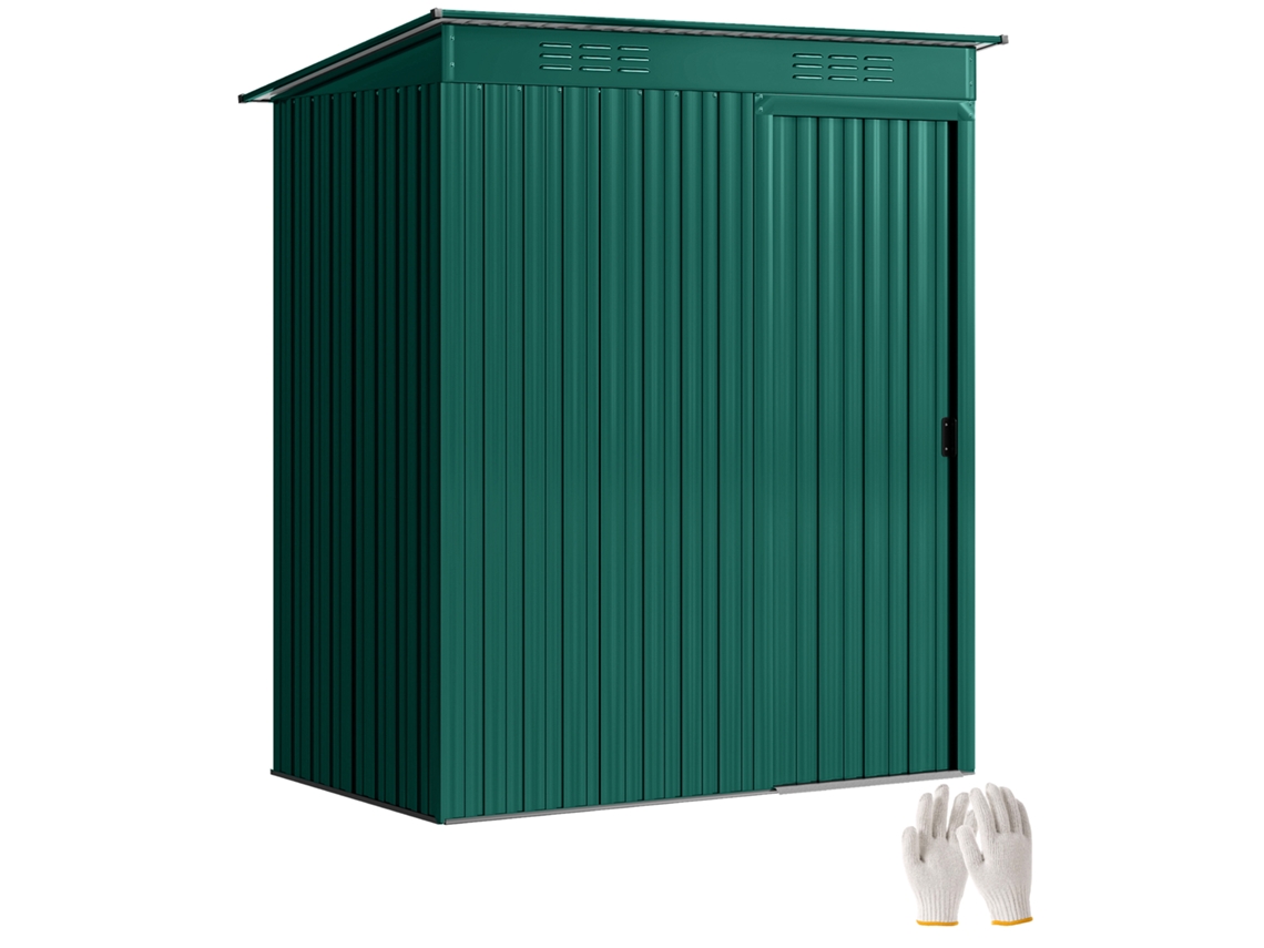 Caseta de jardín metálica con ventilación y puerta corredera, 159x106x181cm, verde.