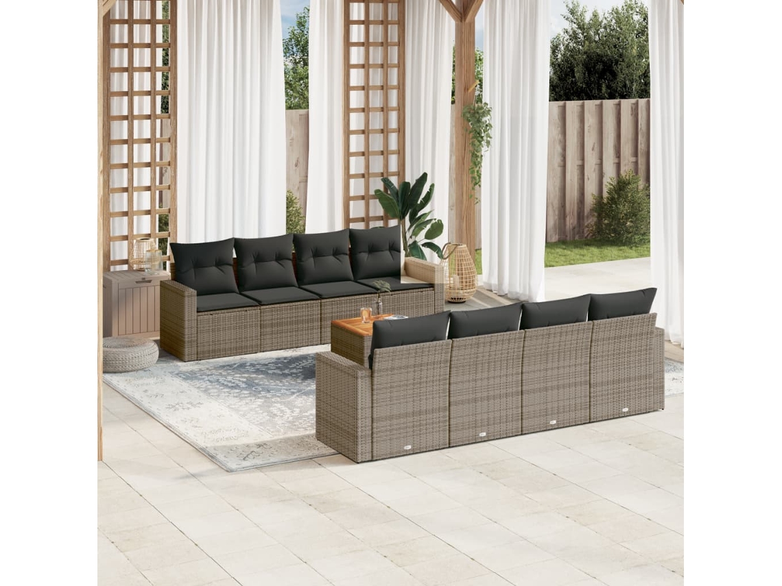 Conjunto de sofá de jardín de 9 piezas con cojines, mimbre gris, DKD Home Decor