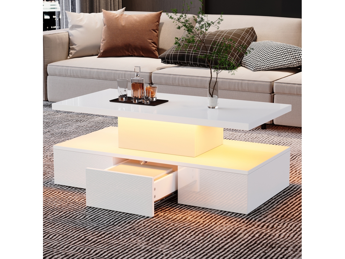 Mesa De Centro De 2 Niveles - Con Luz Led De 16 Colores - Sofá Con Estante Abierto Y 1 Cajón Deslizante - Blanco