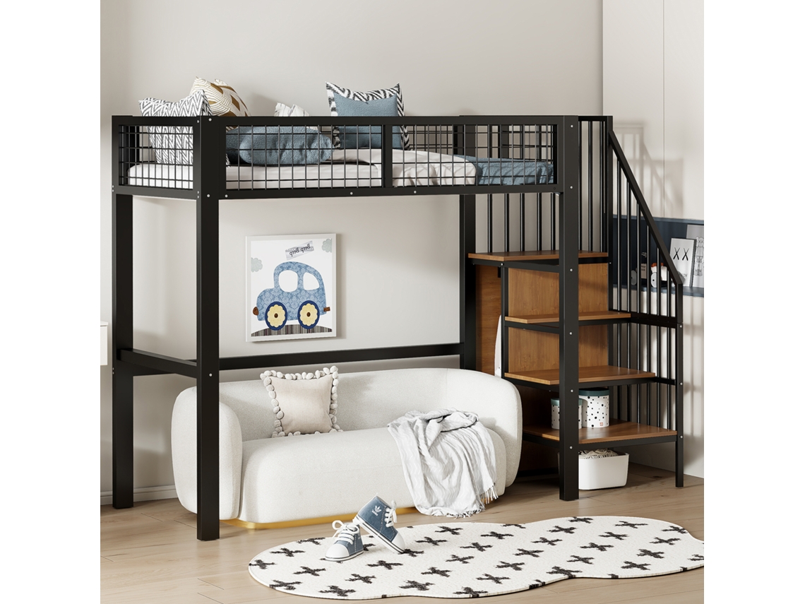 Cama Alta Metálica De 90x200 Cm Con Escalera, Estante De Almacenamiento Y Armario Empotrado, Color Negro.