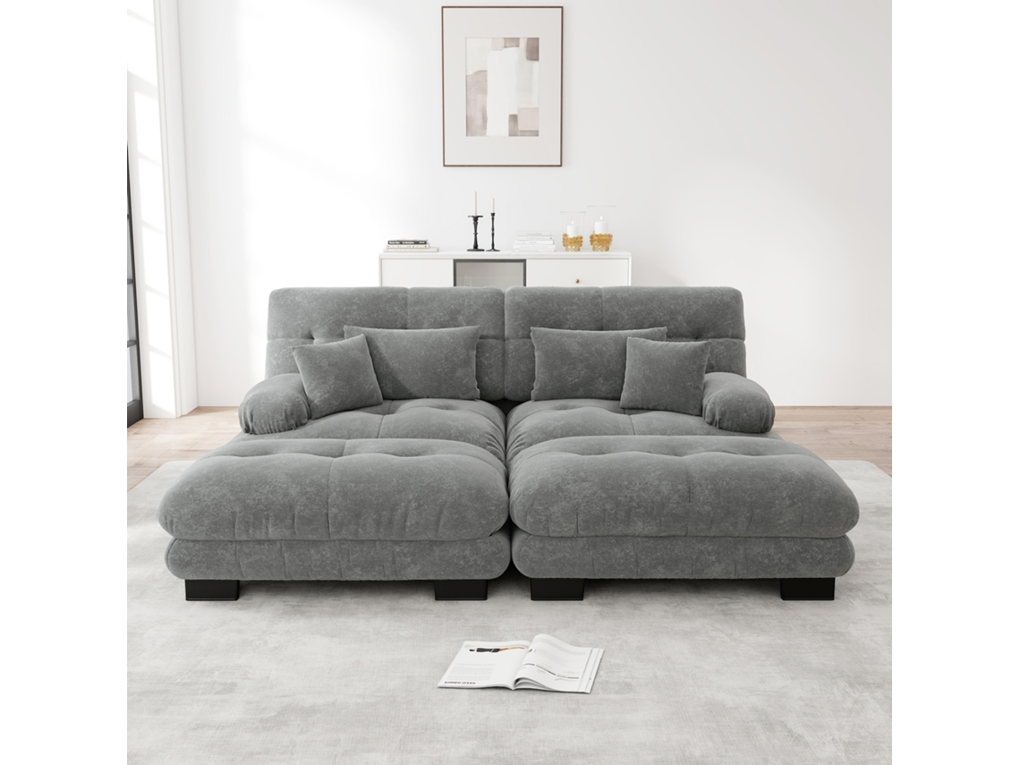 Sofá Cloud Esquinero Chenilla 2 Cojines Lumbares 2 Otomanas Gris Salón