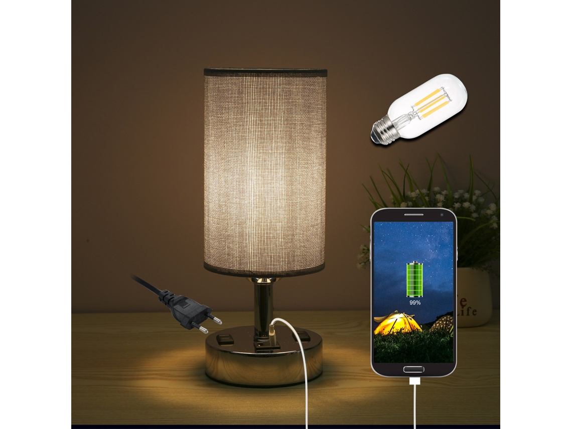Rebe-lámpara De Mesa De Noche 220-240v Con 2 Usb Y 2 Tomacorrientes, Control Táctil, 3 Niveles De Brillo Ajustable Para Dormitorio