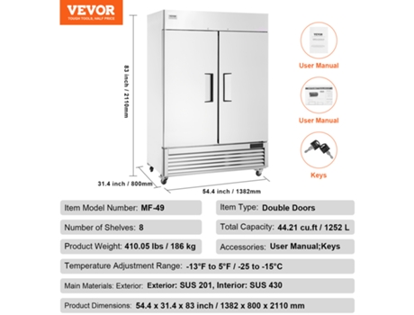 Congelador comercial VEVOR de 38,83 pies cúbicos de alcance en congelador vertical, 2 puertas y 6 estantes