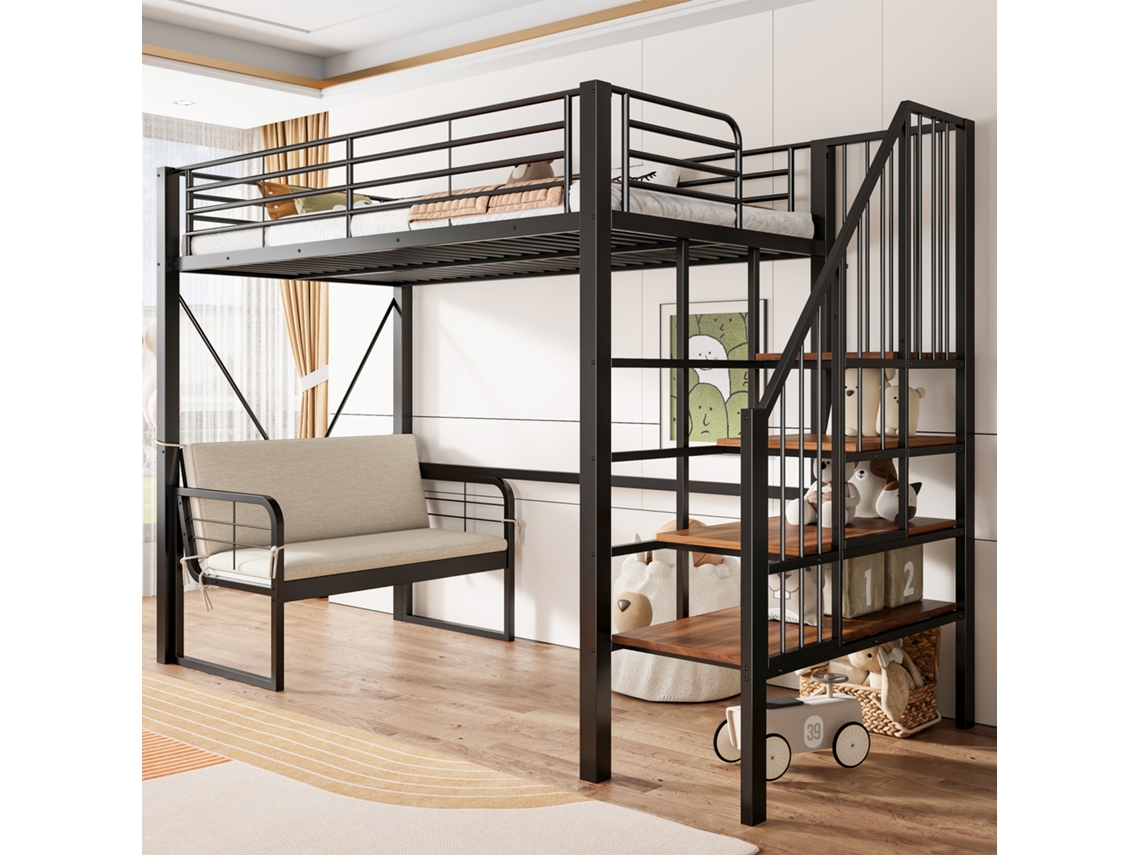 Litera Metálica De 90x200 Con Sofá Tapizado Extraíble Y Escalera, Color Negro.