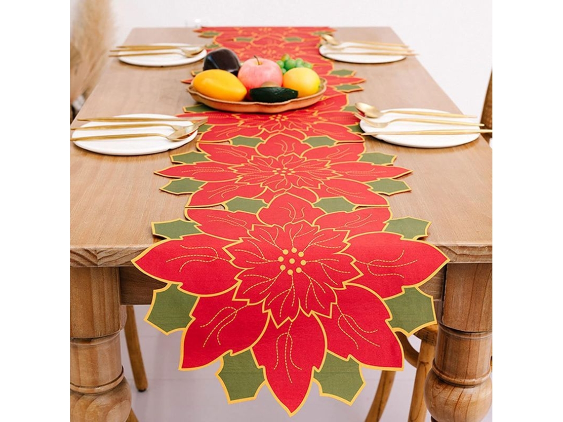 Camino De Mesa Navideño Con Flores De Nochebuena, Bordado A Mano, 173 Cm X 35 Cm