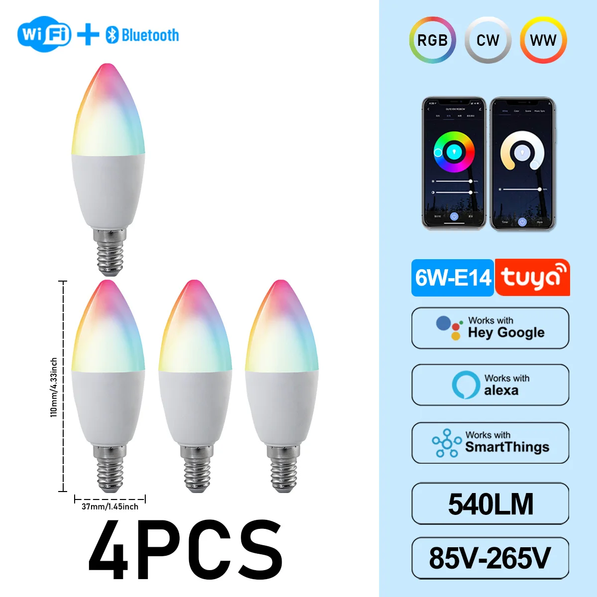 (4 Bombillas, Ac85-265v) Bombillas Led Tipo Vela Graffiti De 6w C37 E14, Controladas Por Aplicación, Aptas Para Lámparas De Araña De Cristal.