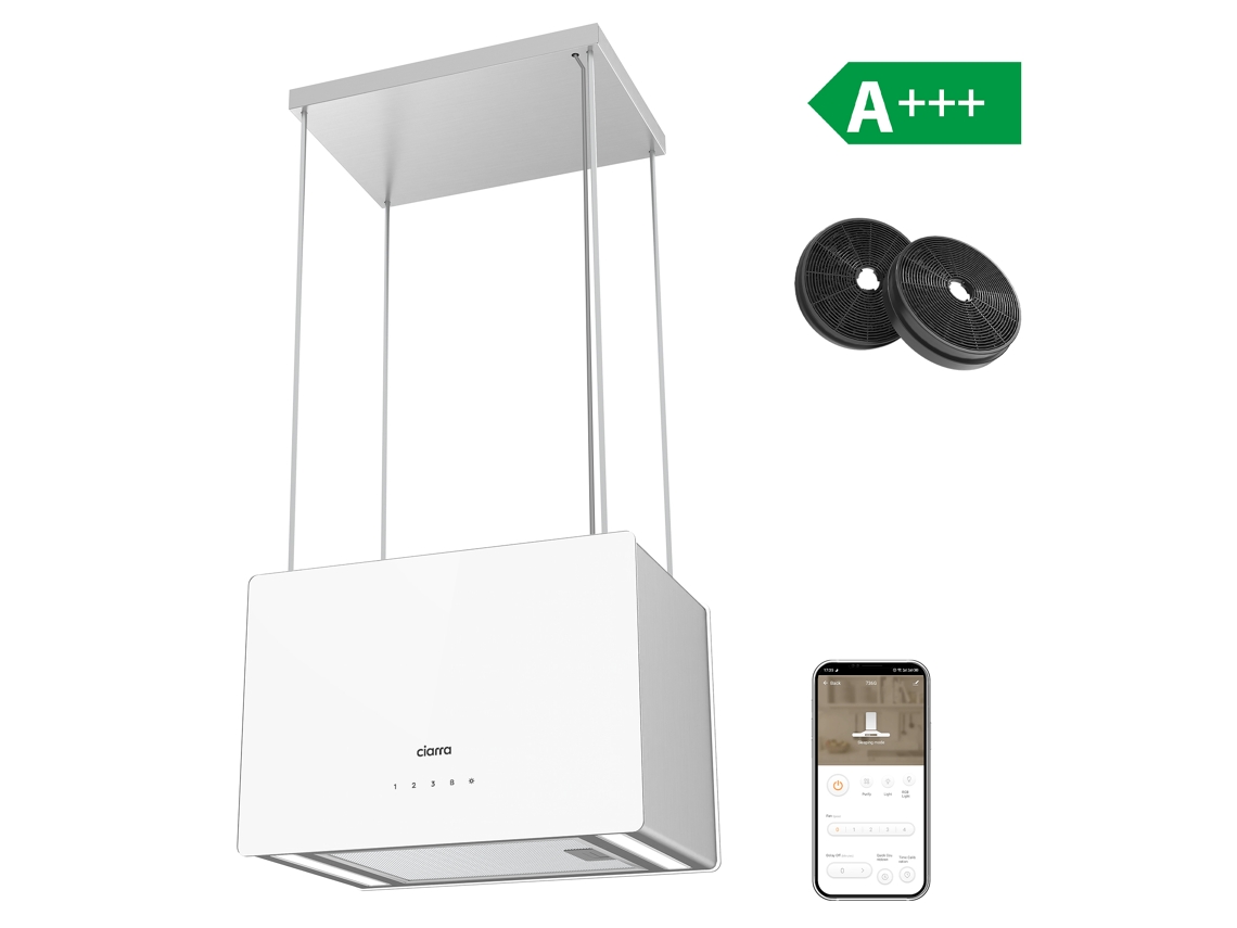 Ciarra Campana Extractor De Isla A+++ 48cm 650m³/h Boost Función Control Táctil/app Recirculación Con Filtros De Carbón (2 Piezas) Blanco Cd4850s