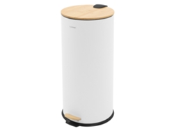 Cubo De Basura Con Pedal Ml-design 30l Redondo Acero Blanco Y Tapa De Bambú Cierre Suave