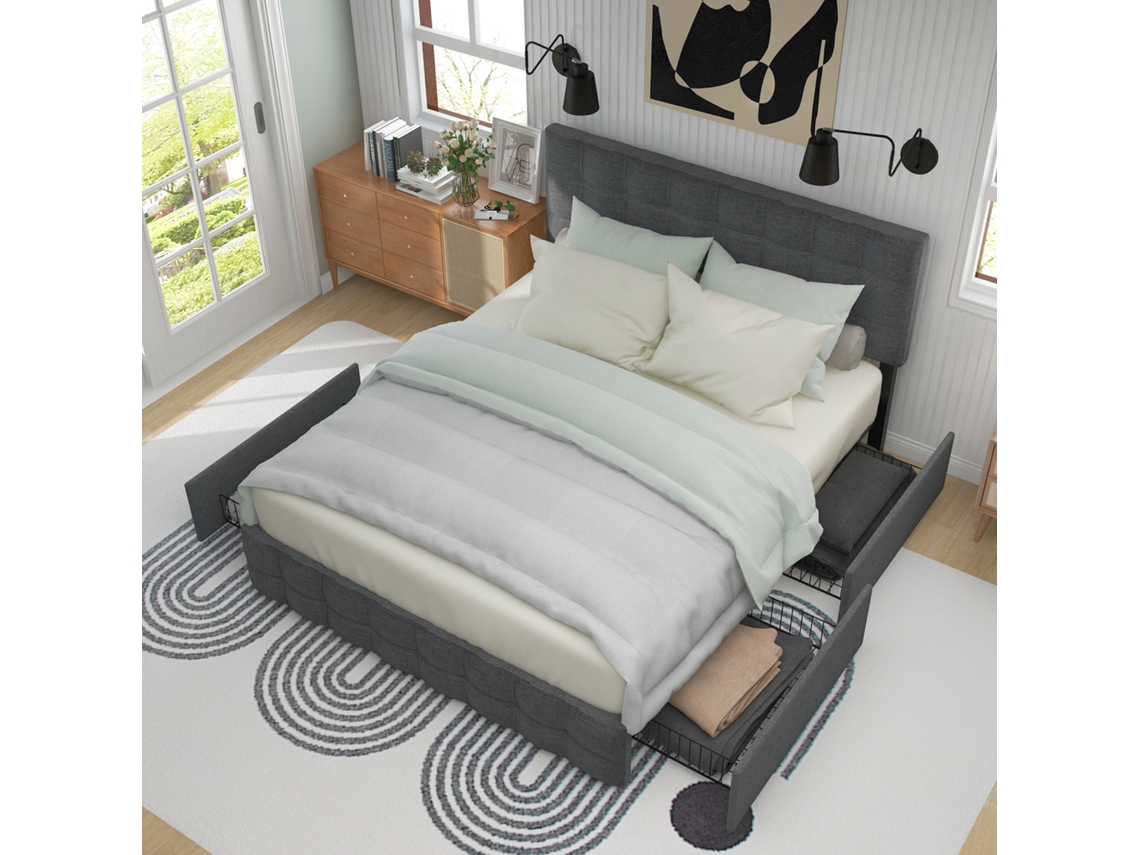 Cama Doble De Lino Gris, 140x200 Cm, 4 Cajones, Base De Láminas Metálicas.