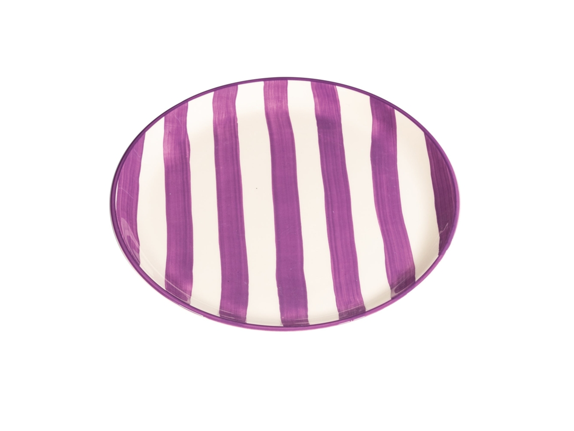 Set Di 2 Piatti Piani In Ceramica Con Righe Artigianali Viola, Diametro 28 Cm, Fatti In Italia, Accessorio Tavola Elegante E Design Contemporaneo.