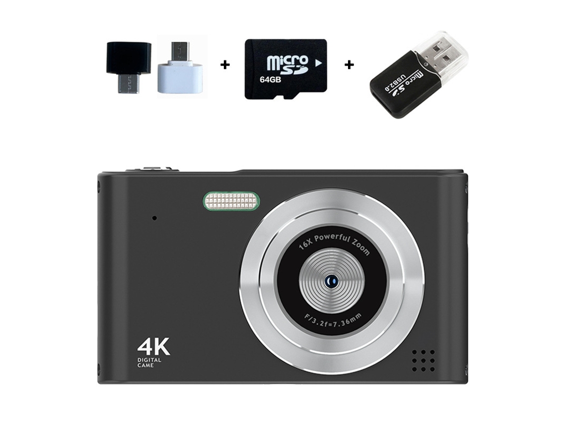 Cámara digital CCD para estudiantes H15 negra + tarjeta de memoria de 64 GB + adaptador para teléfono Android + lector de tarjetas USB