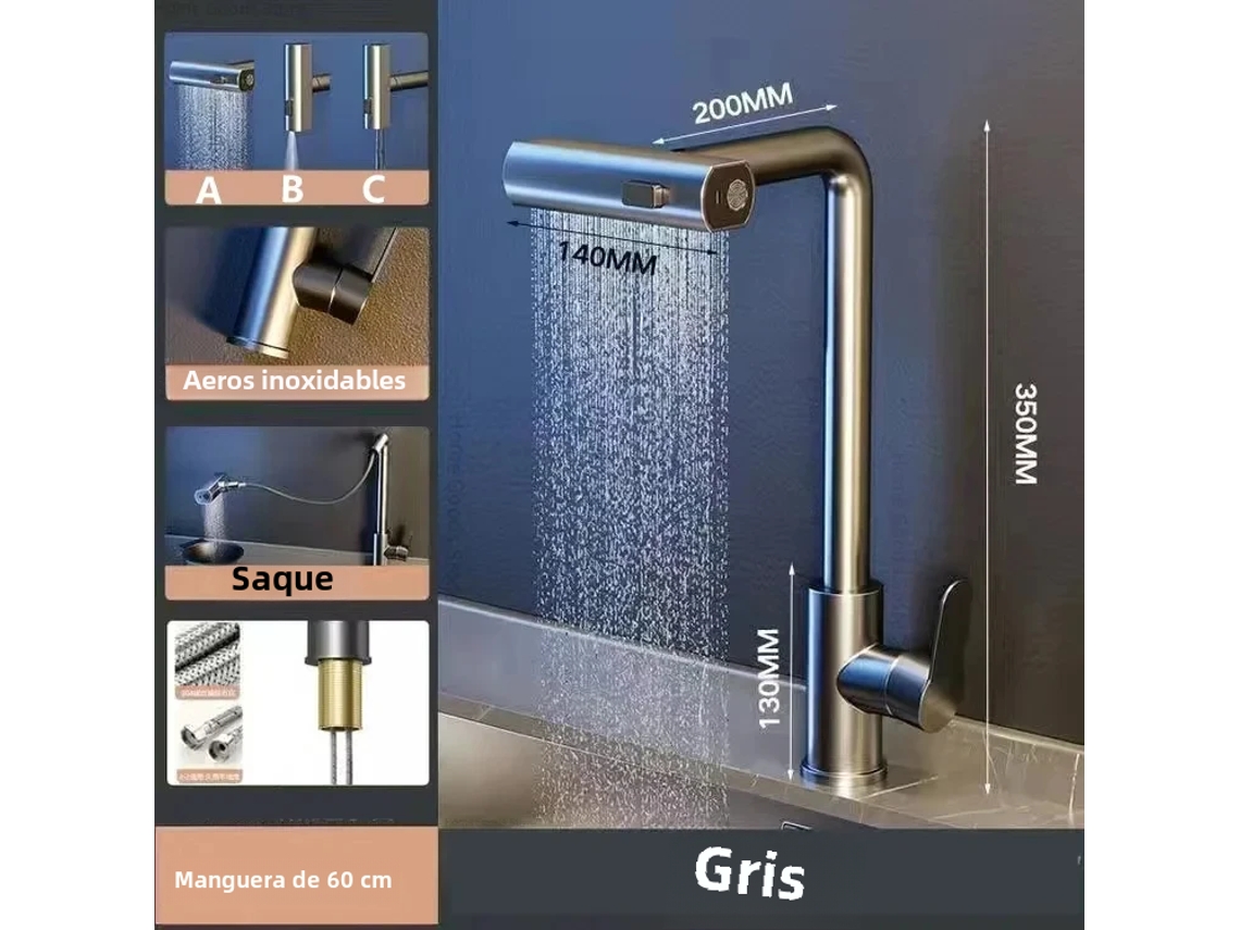 Grifo De Cocina En Cascada De Acero Inoxidable (gris) De Arce, Giratorio 360°, Mezcla De Agua Fría Y Caliente, Diseño Extraíble.