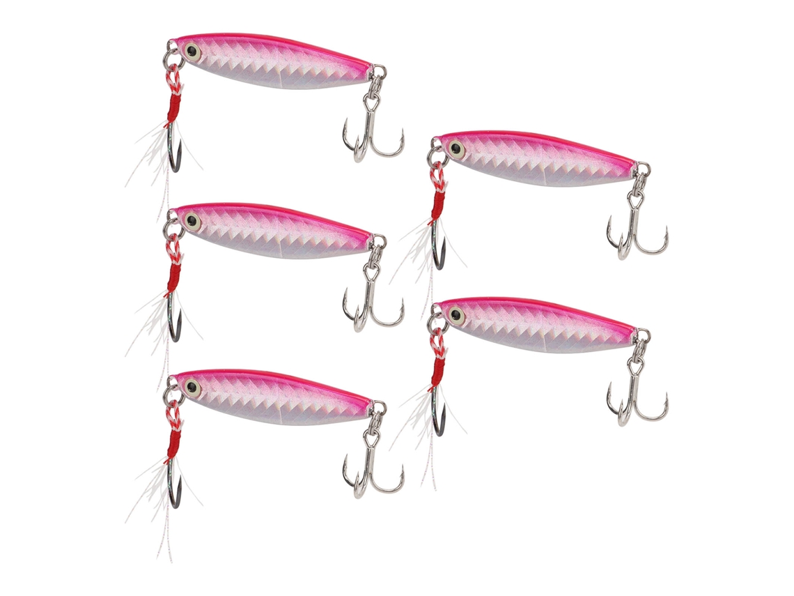 Danu26-5pcs 15g Señuelos De Pesca Vib Metal Duros Con Lentejuelas Laser Plumas Y Anzuelos Rosa Para Jigging
