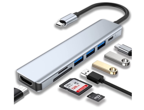 Hub USB C Adaptador USB C Estación de acoplamiento USB C 7 en 1 con 4K Hdmi Usb 3.0 100 W Pd y lector de tarjetas Sd/Tf Gris