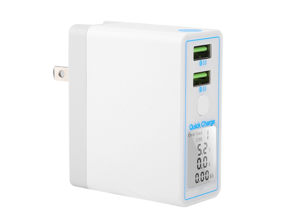Cargador Usb Doble Blanco Qc3.0 Con Pantalla Lcd Y Enchufe Plegable Para Teléfonos Móviles.