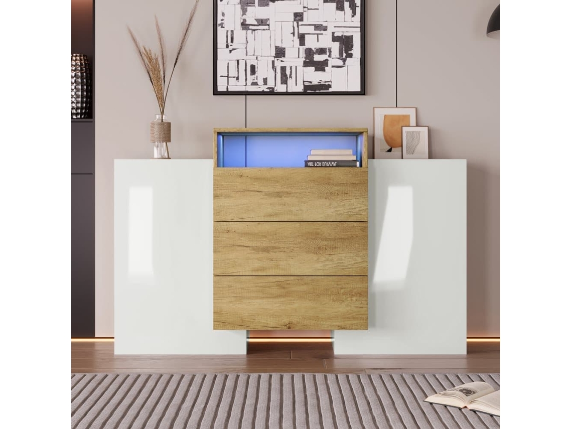 Aparador Bajo Con Led - 2 Puertas 3 Cajones - Natural Y Blanco