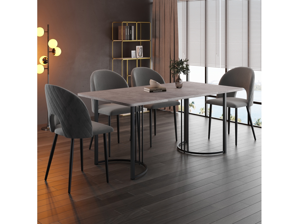 Mesa De Comedor De 140x80cm Con 4 Sillas, Tapizada En Terciopelo Gris Diamante Y Negro.