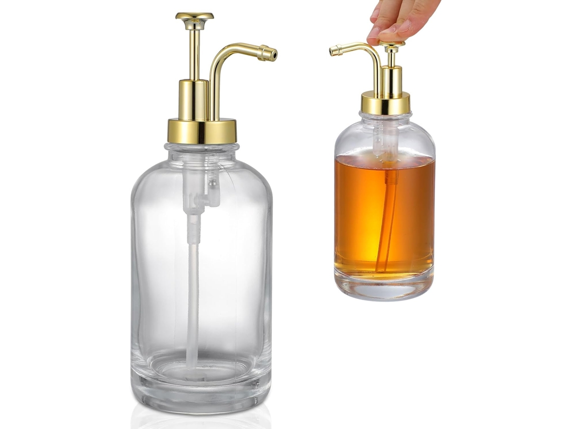 Dispensador De Loção E Sabonete Líquido Yarnow Em Vidro Com Tampa Dourada Com Bomba Dosadora, Design Transparente E