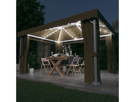 MAISON EXCLUSIVE Cenador con cortina y tira de luces LED aluminio taupé 4x3 m