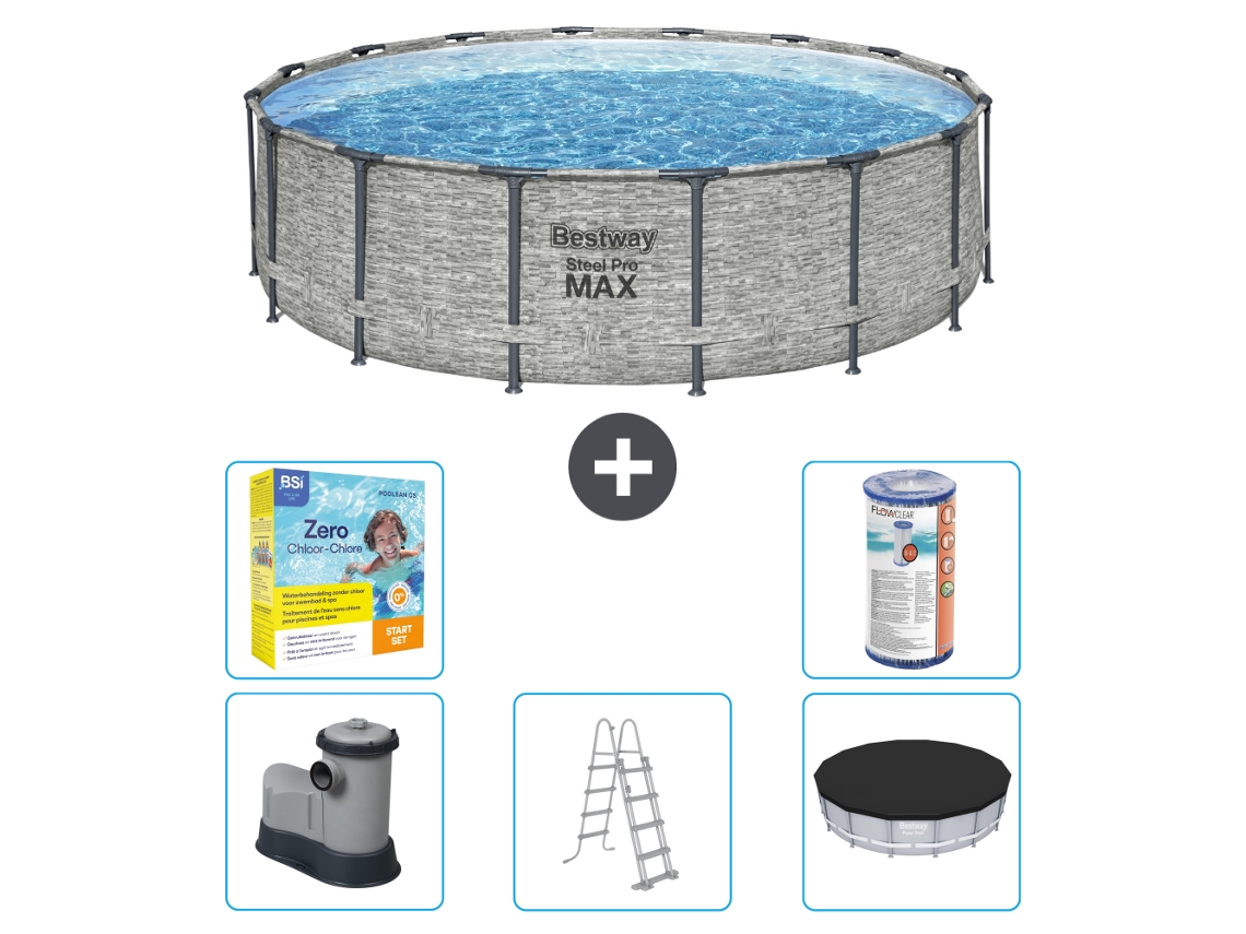 Piscina BESTWAY Round Steel Pro MAX - Estampado Piedra - 488 x 122 cm - Incluida Bomba - Escalera - Cobertor Paquete de mantenimiento - Filtrar
