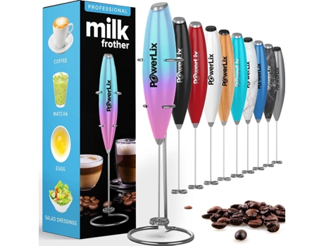 POWERLIX Espumador de Leche Eléctrico de Mano Batidora Leche Espuma Con Soporte de Acero Inoxidable 15-20S Potente 19000 Rpm Batidor para Café